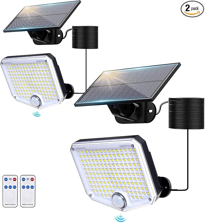 JumJam 153 LED Solar Wall Lights, 180°Beam Angle Solar Security Lights Outdoor, Motion Sensor Lights Outside with Remote, Waterproof Flood Light for Porch, Patio,Yard,Garage,2 Pack