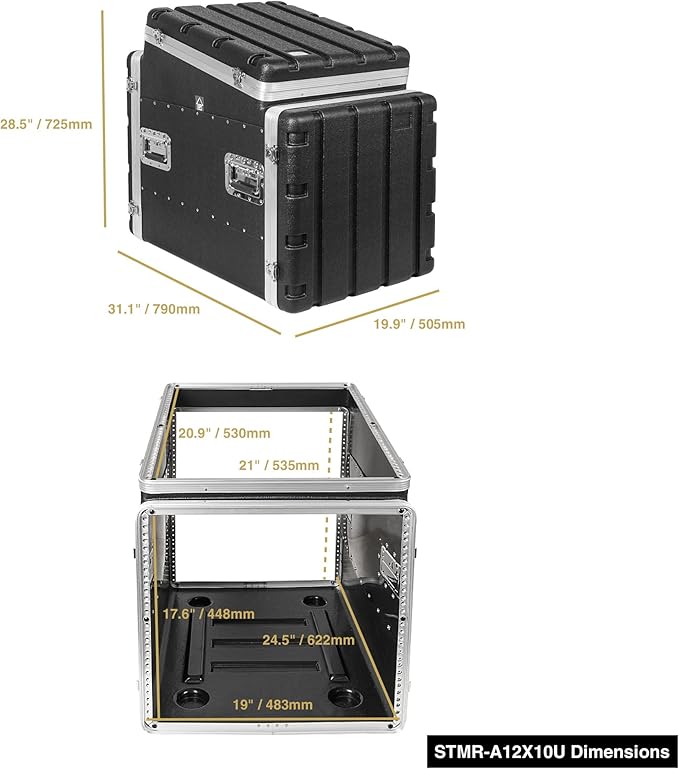 Sound Town Lightweight and Compact 10U ATA ABS Rack Case, with Slant Mixer Top, 24.5" Depth, 12U Top and 10U Side Spaces (STMR-A12X10U)