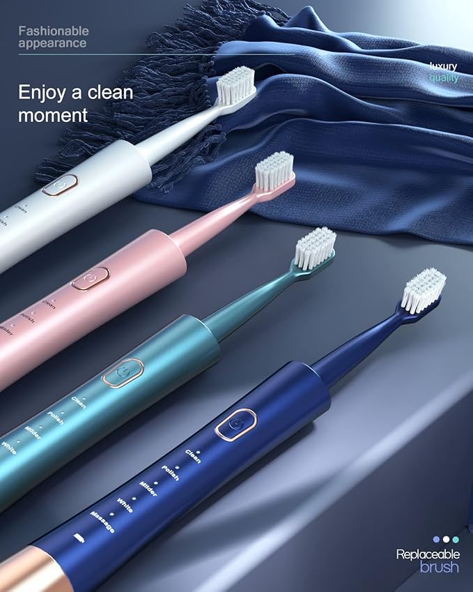 AJELU Sonic Electric Toothbrush for Adults, USB Rechargeable Sonic Toothbrush with 8 Brush Heads, Smart Timer, 5 Modes, 2-Hour Fast Charge Last 30 Days, Pink
