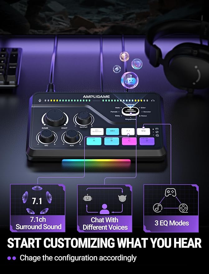 Fifine Gaming Mixer for Voice Chat and Streaming- 7.1ch Surround Sound Headphone Amp-XLR Preamp-USB Plug & Play-Voice Changer-RGB-Volume Control-3 EQ Modes Ampligame SC8