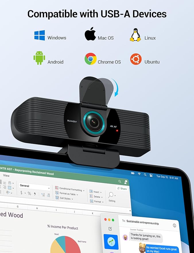 RUWBY UHD 4K Webcam with Built-in Dual Mics, Wide-Angle Lens, Privacy Cover, Tripod Stand, Autofocus Computer Camera, Plug and Play for Desktop PC or Laptop