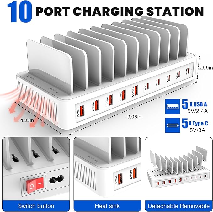 RISWOJOR Charging Station for Multiple Devices, 100W 10 Ports Charging Dock with 10 Cables Smart IC Tech and Adjustable Dividers Type-C，Multi USB Charger for iPhone Galaxy iPad Tablet，White