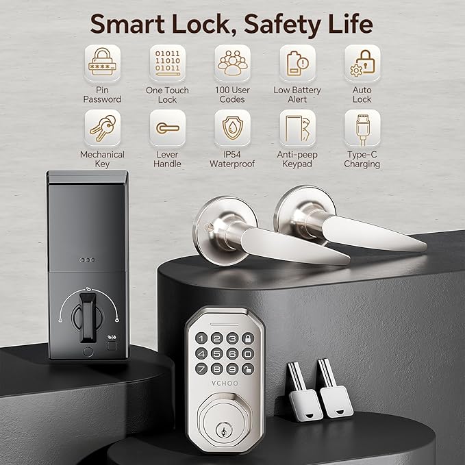 VCHOO Keyless Entry Door Lock Set Smart Locks for Front Door Keypad Door Lock with Handle Auto Lock One Time Password Anti Peeping Password IP54, Satin Nickel