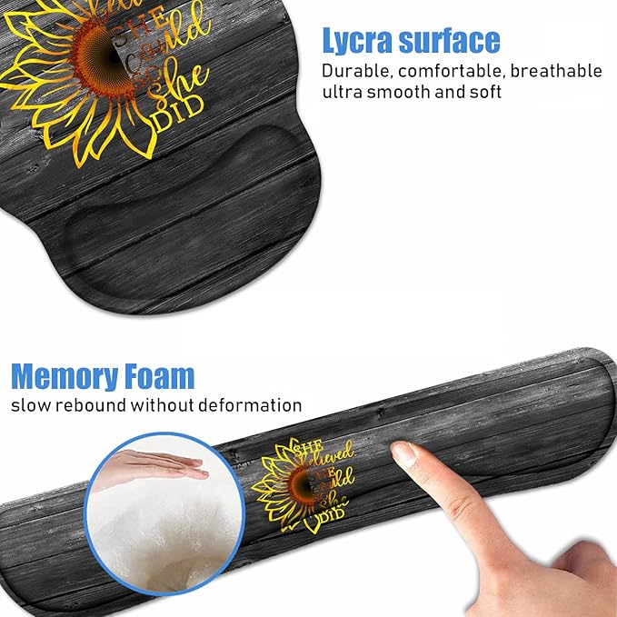 Keyboard Wrist Rest + Mouse Pad Wrist Support Set with Coasters, Inspirational Quote She Believed She Could So She Did Design Non-Slip PU Base Ergonomic Mousepad for Home Office Working Studying