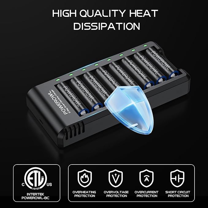 POWEROWL 8 Bay AA AAA Battery Charger 2 Pack, USB High-Speed Charging, Independent Slot, for Ni-MH Ni-CD Rechargeable Batteries