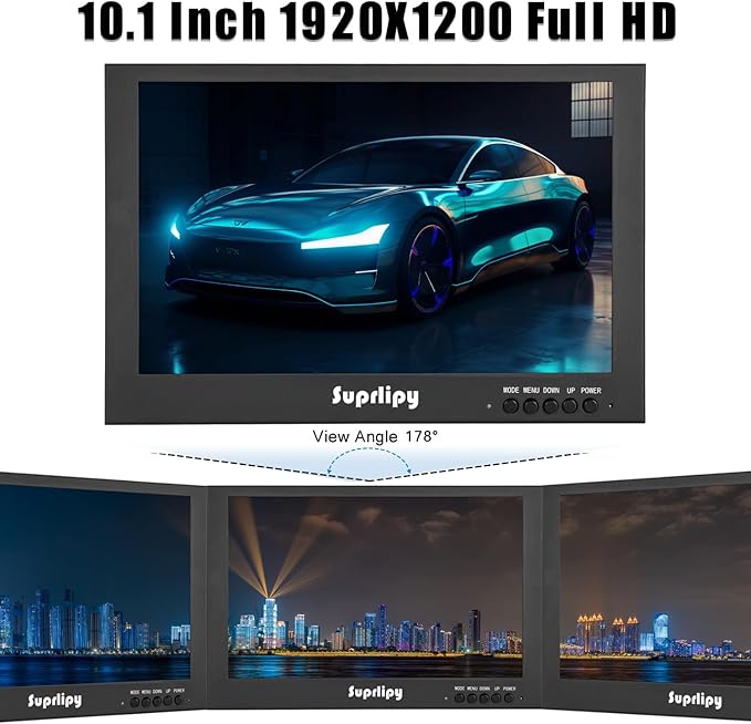 Suprlipy 10.1 Inch Mini Small HDMI Monitor 1920x1200 16:10 IPS Metal Housing LCD Color Display Screen Support HDMI/VGA/AV/BNC Earphone Input Built-in Dual Speakers for PC Security CCTV Camera RasPi