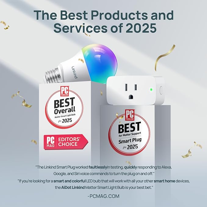 Linkind Matter Smart Light Bulb, Smart Bulbs Work with Apple Home, Siri, Alexa, Google, SmartThings, LED RGBTW Color Changing Bulbs Music Sync,A19 E26 60W 800LM, 2.4GHz WiFi Only, 4 Pack