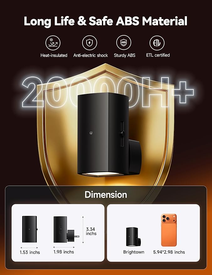 Brightown 2 Pack Black White Night Lights Plug into Wall, Modern Night Light with Rotating Plug, Dusk to Dawn Sensor, 0-100LM Stepless Dimming Aora Night Light for Hallway Bedroom Bathroom,Amber