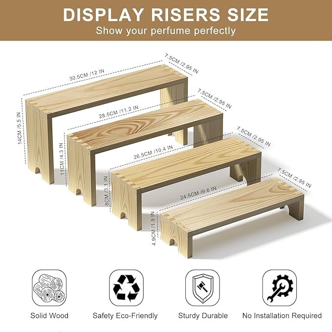 4 Set Large Wooden Tiered Riser Display Stands for Vendor Events,Stackable Perfume Organizer Cologne Stand for Men Women,Wooden Cupcake Dessert Stand,Wood Dessert Table Display Set,Food Display Risers for Party（12-11.2-10.4-9.6IN）