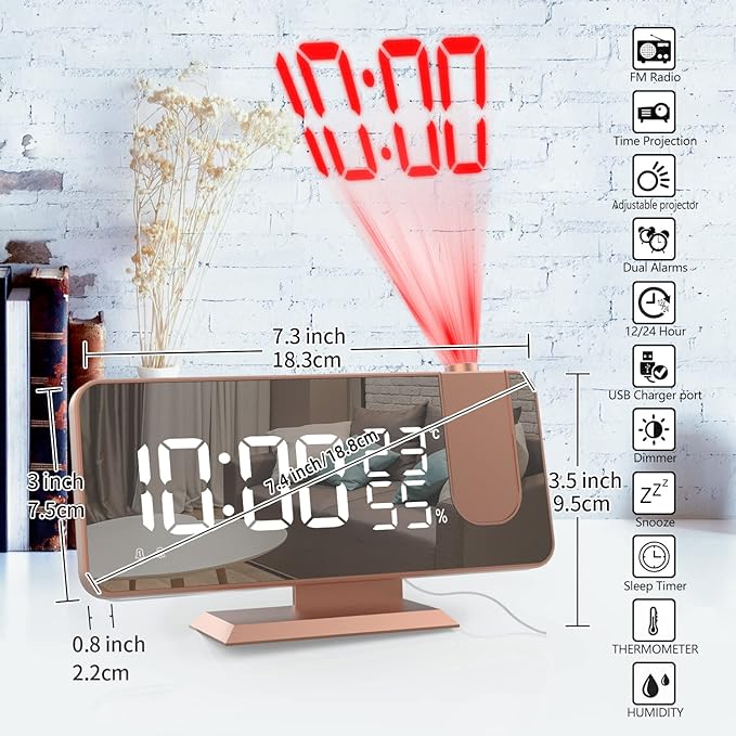 Mightree Projection Alarm Clock for Bedroom, Digital Alarm Clock with USB Charger, 7.4" Large LED Mirror Display Radio Alarm Clock, Dual Smart Alarm with Projection on Ceiling, Rose Gold