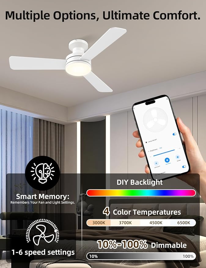 Homlit 42" RGB Ceiling Fan with Light, Music Sync Smart Fan with Alexa/Google/App Control, Low Profile Flush Mount, 6-Speed Quiet DC Motor, 4 CCT Dimmable Lighting for Bedroom Living Room, White