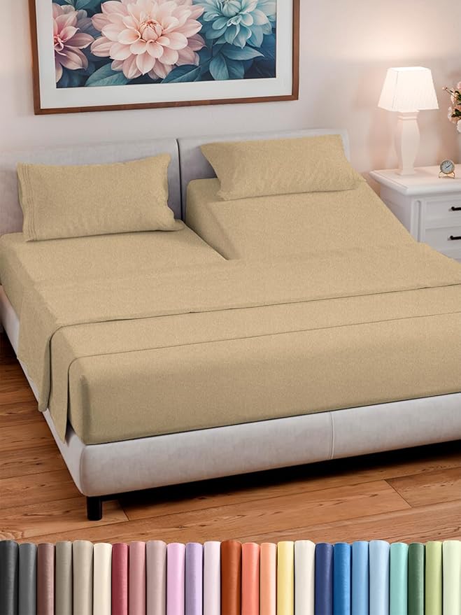 Split Head King Sheet Set – 4 Piece Flex Split Top King Sheets for Adjustable Beds - Fits 14” to 16" Mattress w/ Deep Pockets - Breathable & Cooling - Luxury Bedding and Wrinkle Free - Heathered Tan