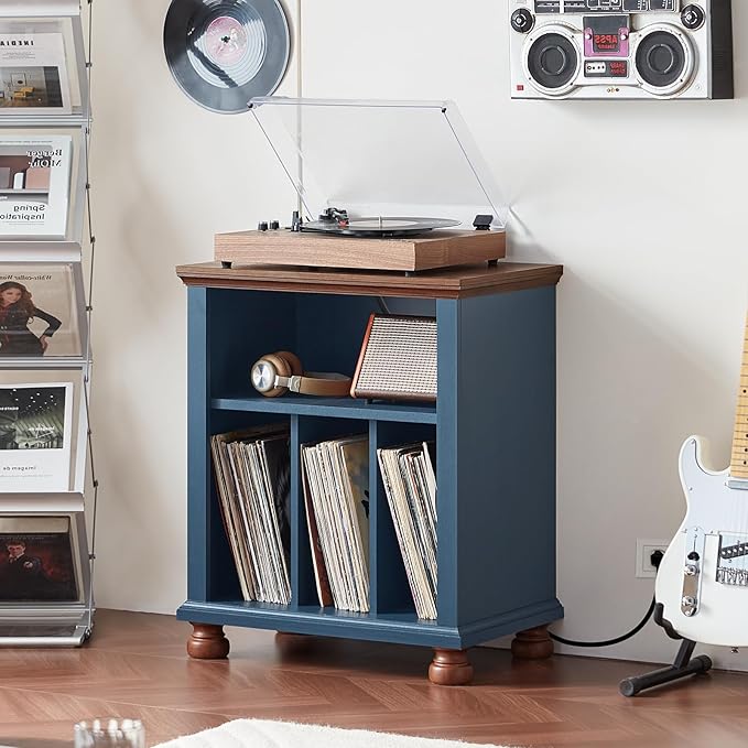 Joaxswe Record Player Stand with Charging Station Up to 200 Albums, 24" Wide Mid-Century Record Player Table with Vinyl Record Storage,Large Wood Turntable Stand Dispaly Cabinet for Living Room,Blue
