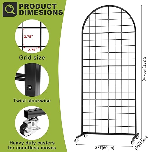 VGMiu Grid Wall Panel 1PCS Display Stand 2' x 5.2' FT Black Grid Wall Panels Movable Retail Display Racks Floorstanding Gridwall Heavy Duty with Wheel for Art Craft Photo Displays Fair Trade Show