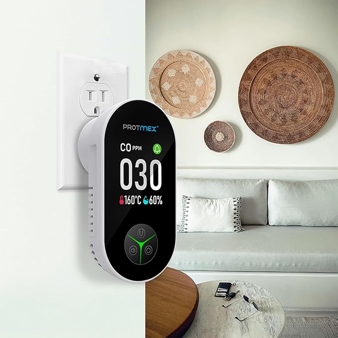 Protmex Carbon Monoxide Detector Plug in Wall, 3-in-1 Co Detector Monitor Air Quality with Temperature Humidity Sensor, Portable CO Meter Easy to Read & Install, for Home/Hotel/RV