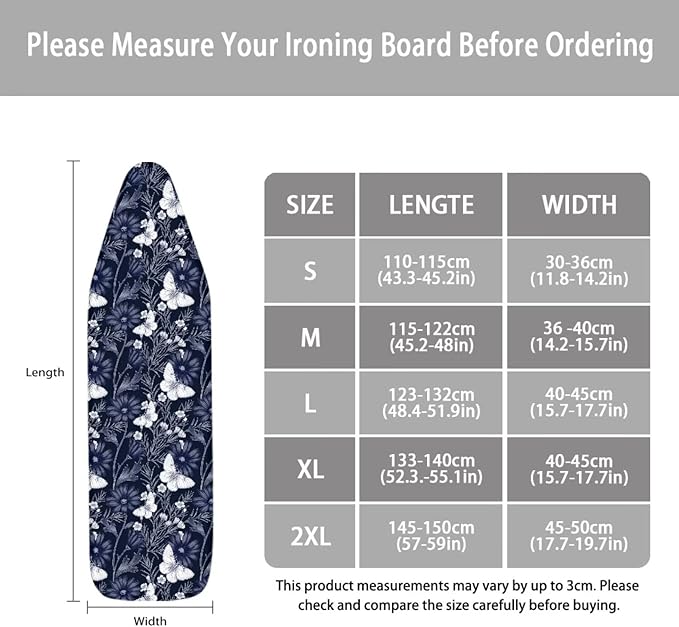 ZCFYGDX Ironing Board Covers Butterfly Blue Flower Print Lightweight & Breathable Anti-Slip & Wear-Resistant(17 x 49 in) Hook & Loop Elastic Edge Easy to Install, Scorch Resistant Decor Size-M