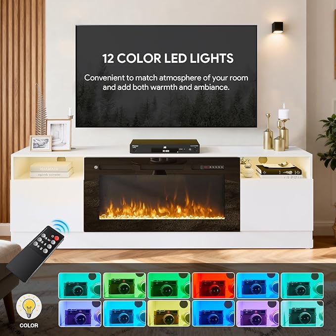 YISUFO 80” TV Stand with 36” Electric Fireplace, Large Modern Media Entertainment Center with Storage Cabinet and 12 Colors LED Lights for TVs Up to 90",White and Black