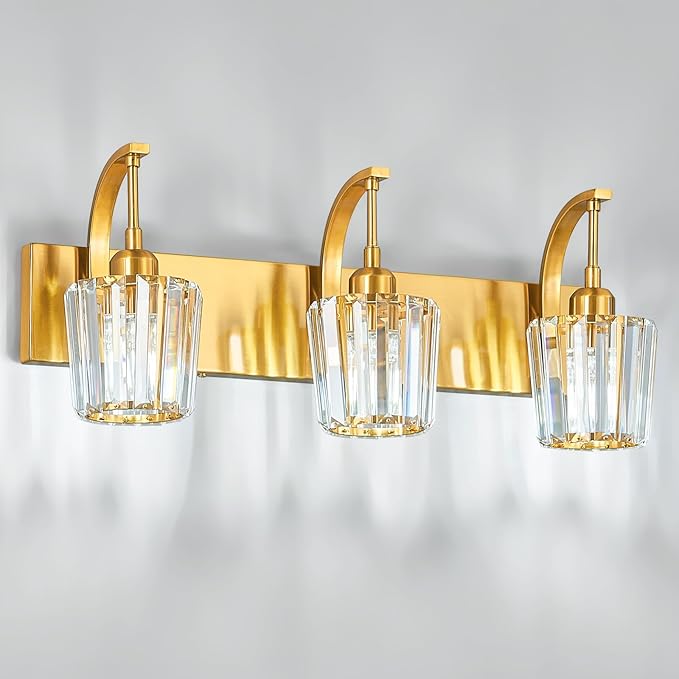 FDPBY Modern Bathroom Vanity Light, 3-Light Gold Wall Sconce with Crystal Accents, Over Mirror Bathroom Lighting Fixture, 23.62" Long Dimmable Vanity Lamp for Makeup, Easy Installation