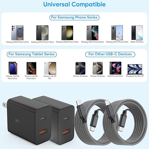 Extra Long 10Foot 45W Samsung USB C Fast Charger Block Dual Port PD Power Adapter Fast Charging Block,2Pack 10FT Type C Super Quick Charging Cord for Samsung Galaxy S25 Ultra/S25/S24/S23/S22 and More