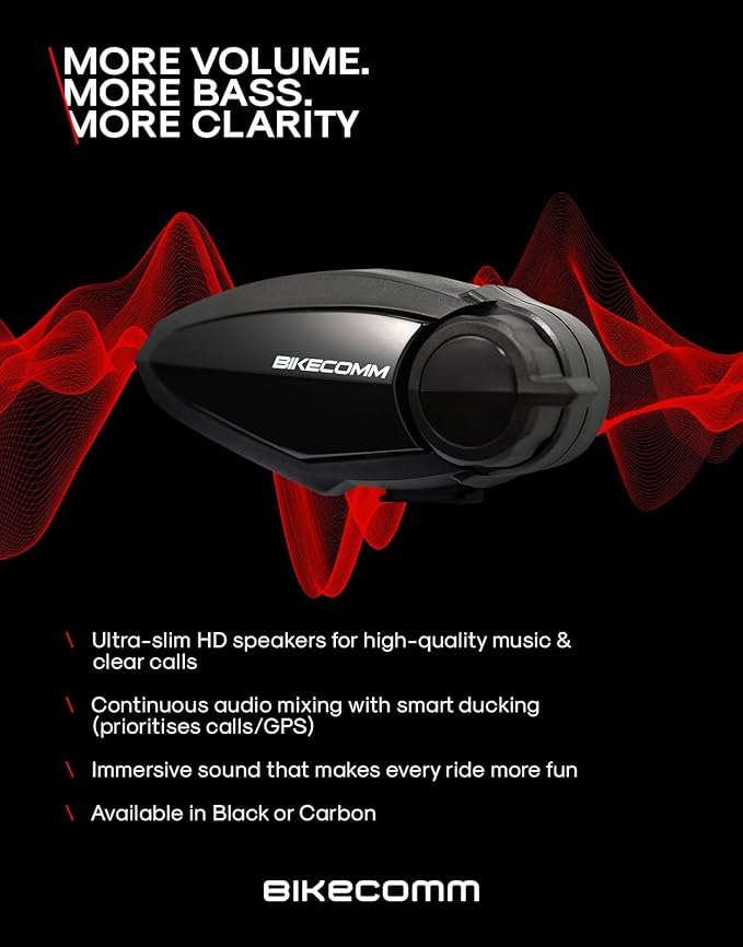 BIKECOMM BK-S2 Motorcycle Bluetooth Headset Intercom – 1200M Range Wireless Speakers - Helmet Communication System, IP67, Carbon, Twin Pack