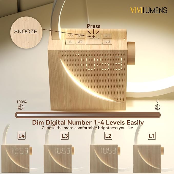 Vivilumens Sunrise Alarm Clock Sound Machine Nightlight, Gradual Wake Up Light, Digital Dimmable Clock, 10 White Noise Sleep Sounds, Snooze, Dual Clocks for Heavy Sleeper Adult, Decor Gifts for Women