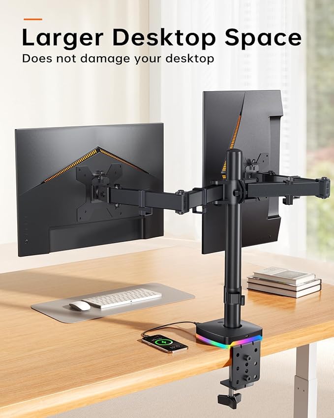 RGB Dual Monitor Desk Mount, Monitor Stand with 3 USB Ports, Charging and USB Data Transfer Function, Adjustable Arms for 13"-27" Monitors up to 17.6lbs, VESA 75x75mm 100x100mm, Ergonomic Design