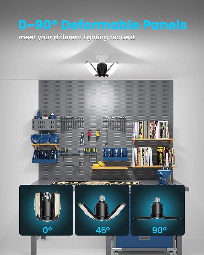 Kryoza Motion Sensor Garage Lights 8000LM, Deformable Motion Activated LED Garage Ceiling Light Bulbs, 3 Modes & 360° Detection, Sensor Lights Bulb Indoor for Workshop/Barn 2-Pack