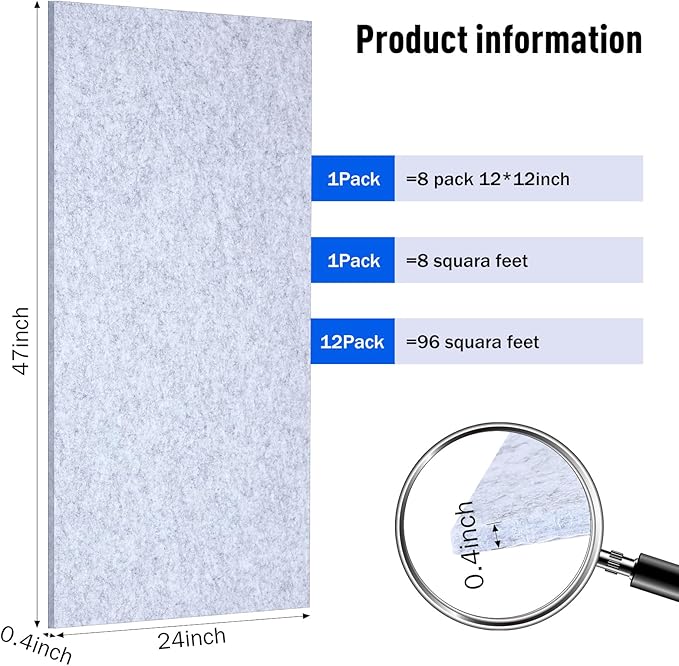 12 Pack Large Acoustic Panels, 47 x 24 x 0.4 Inch Self-adhesive Sound Absorbing Panel for Studio Home Office(Gray)