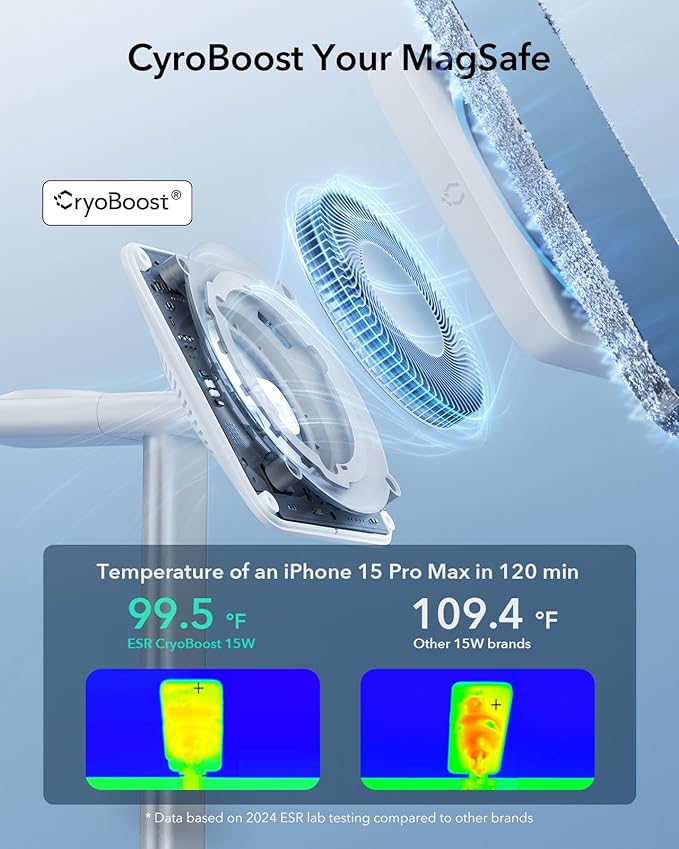 ESR for MagSafe Charger Stand, 3 in 1 Charging Station with CryoBoost, Phone-Cooling Wireless Charging, 15W MagSafe Stand, for iPhone 17/16/15/14/13/12, AirPods, Apple Watch, White