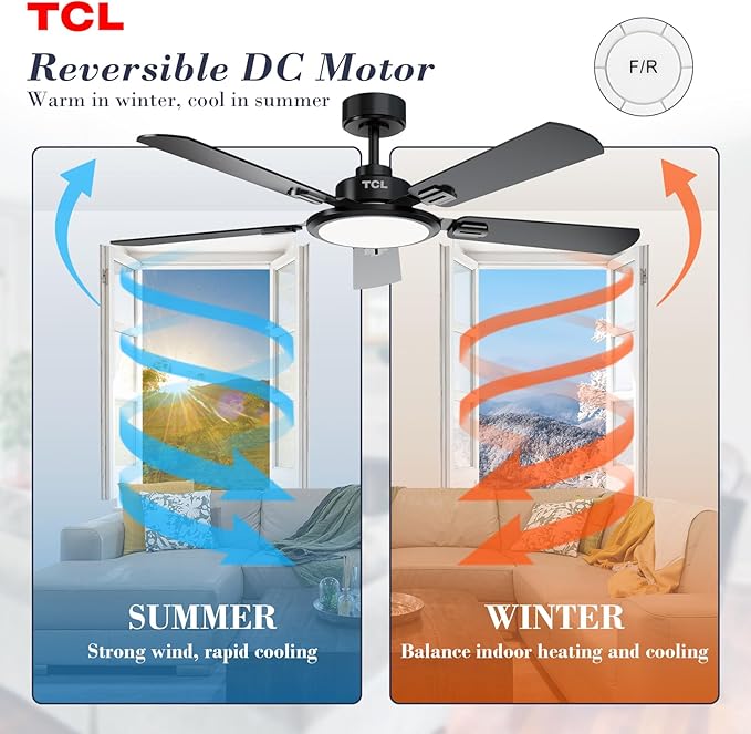 TCL Ceiling Fans with Lights, 52 Inch Ceiling Fan with Light and Remote Control, Reversible DC Motor, Noiseless, Dimmable 36W LED, Modern Ceiling Fan for Bedroom Living Room (Black)