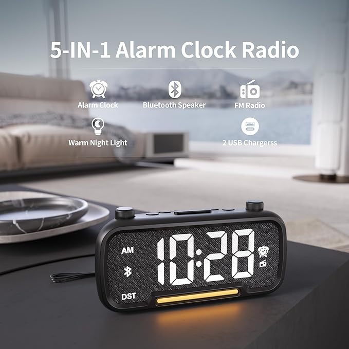 OnLyee 5-in-1 Alarm Clock Radio – FM Radio, Hi-Fi Speaker Sound, Bluetooth Speaker, Auto-Off Timer, Night Light, Dual Charging Ports – Ideal for Bedrooms, Dorms & Home Offices (Black)