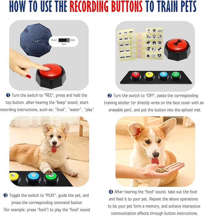 ANLIKY Recordable Buttons, Dog Buttons for Communication, Pack of 4 Colored Buzzers with Mat & 30 Scene Stickers 15 Custom Stickers. Non-Slip Stickers Inside