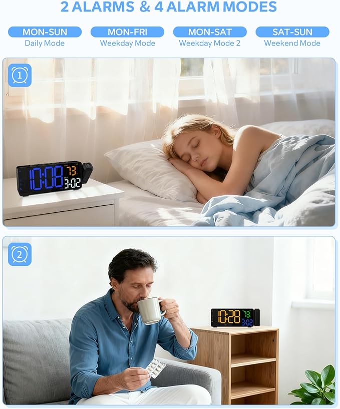 EVILTO Projection Alarm Clocks, RGB Desk Clock with 180° Rotatable Projector 15 Color Display, Date Temperature and Weekday, DST, Snooze, Ambient Lighting for Living Room,Bedroom Bedside Office Decor
