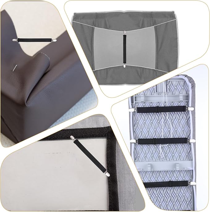 Xyembu 4Pcs Ironing Board Cover Clips Adjustable Ironing Board Pad Braces Fasteners Mini Suspenders Elastic Straps Clips for Secure and Tight Fit Corners Couch Covers Stays Bands(Black)