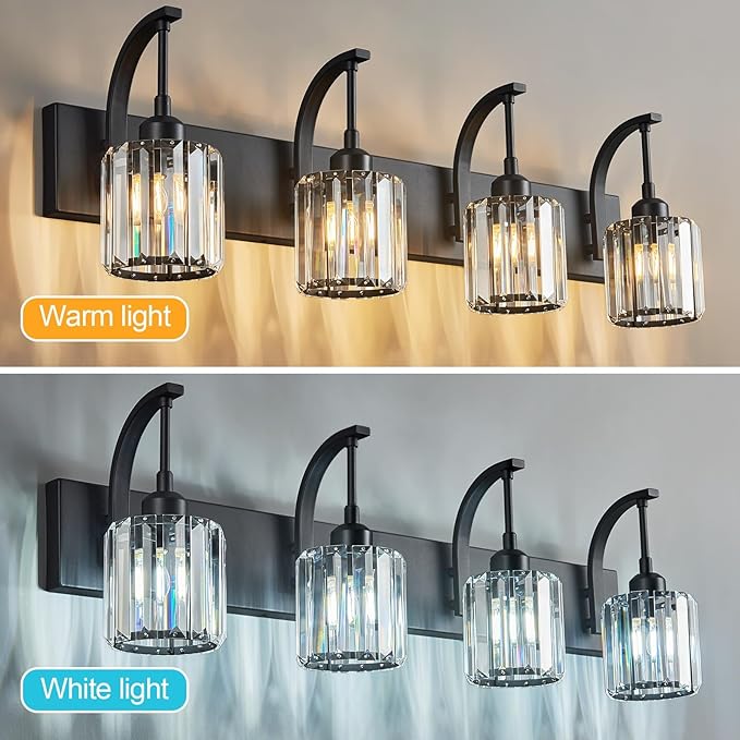 FDPBY 4-Light Crystal Vanity Light, Modern Black Bathroom Wall Sconce with K9 Crystal Shades, 32.67" Long Over Mirror Lighting for Vanity, Makeup, Hallway, Elegant & Easy Install