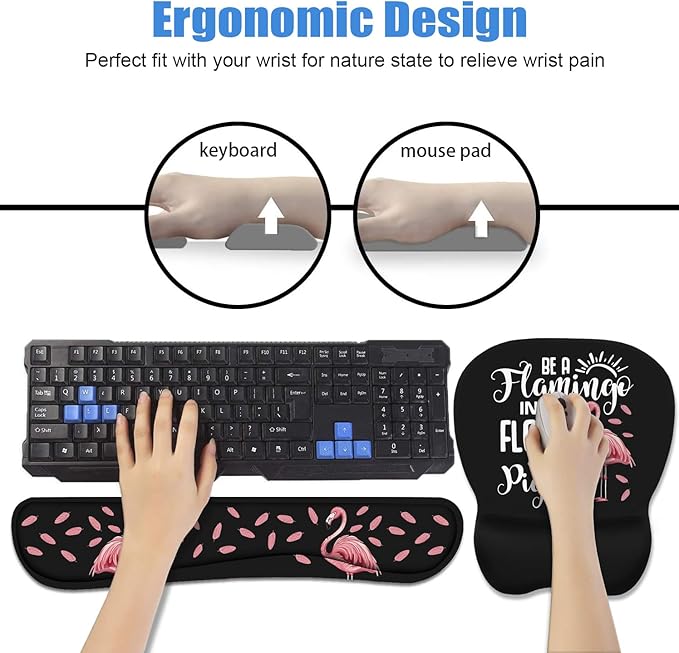 Mouse Pad Wrist Support and Keyboard Wrist Rest Set with Coasters, Inspirational Quote Be a Flamingo in a Flock Pigeons with Non-Slip PU Base Ergonomic Mousepad for Computer Laptop Home Office