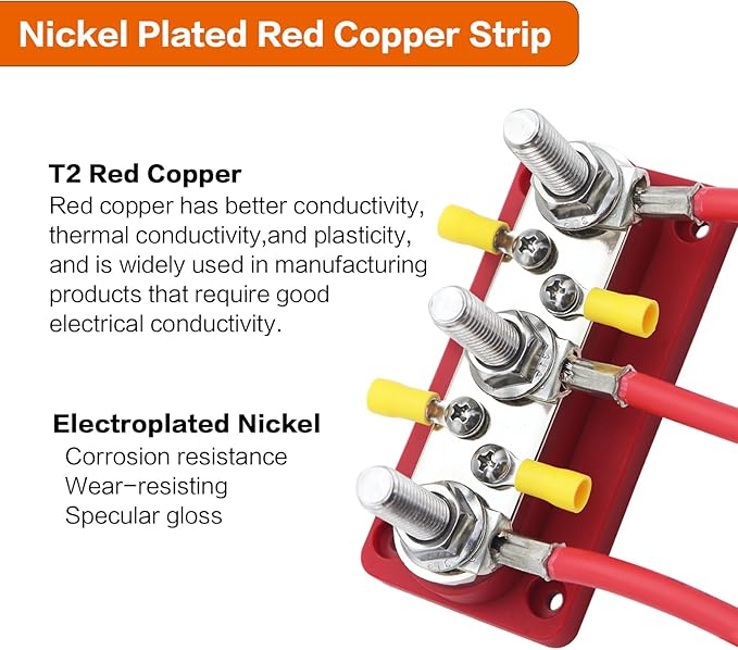AMOMD 300A Bus Bar 3 Terminal Studs (3/8 inch) M10 4x8#-32 Screws Nickel Plated Copper Distribution Block Negative Electrical Buss Bars 12-48 V DC with Cover for Trailer Marine Boat Car RV (Red)