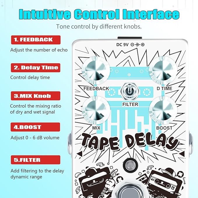 Rowin Tape Delay Guitar Pedal with Reverb Boost Effect Pedal Full Size True Bypass RE-01