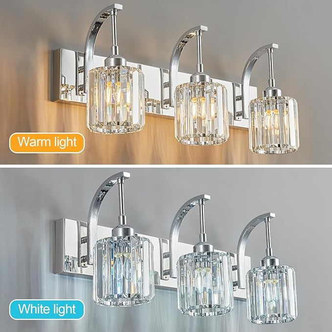 FDPBY 3-Light Crystal Vanity Light, Modern Chrome Bathroom Wall Sconce with K9 Crystal Shades, 23.62" Long Over Mirror Lighting for Vanity, Makeup, Hallway, Elegant & Durable