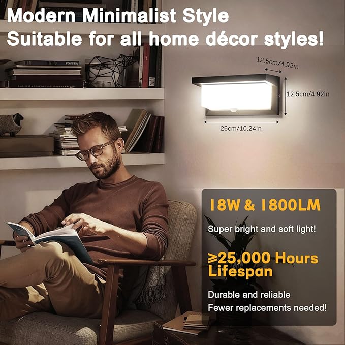Sorfia 18W Motion Sensor Outdoor Lights Wired, IP65 Aluminum LED Outdoor Motion Sensor Light Indoor,Motion Lights for Outside Dusk to Dawn Outside Lighting Fixtures LED Porch Light Wall Mount 110V