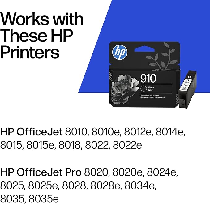 HP 910 Black Ink Cartridge | Works with OfficeJet 8010, 8020 Series, OfficeJet Pro 8020, 8030 Series | Eligible for Instant Ink | 3YL61AN
