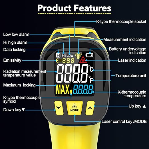 Infrared Thermometer Temperature Gun, TEMIRUP Non-Contact Digital IR Laser Temp Gun -58°F to 1472°F, K-Type Probe -40°F~1202°F, for Cooking, Pizza Oven, BBQ, HVAC, Home & Industrial