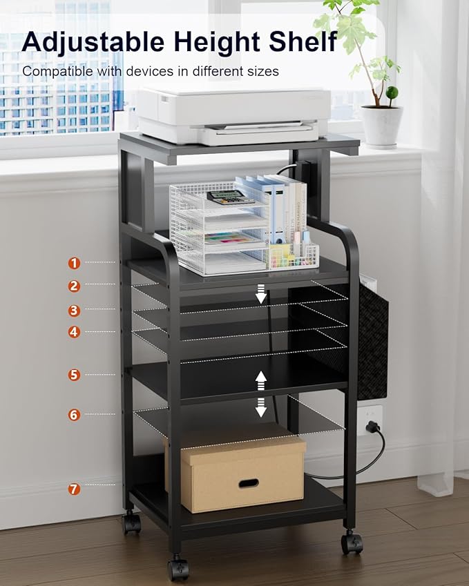 DongRong Tall Printer Stand with Storage Adjustable Shelf and Bag, 4-Tier Large Printer Table with Charging Station for Home Office, Printers Cart with Wheels for 3D Shredder Scanner Fax (Black)
