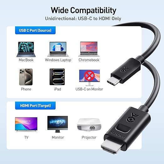 Cable Matters Unidirectional USB C to HDMI 2.1 Cable - 15ft, Support 4K@240Hz and 8K@60Hz, HDR - Thunderbolt 4, Thunderbolt 5, USB 4 Compatible with MacBook Pro, XPS, ThinkPad - Max 4K@60Hz on macOS