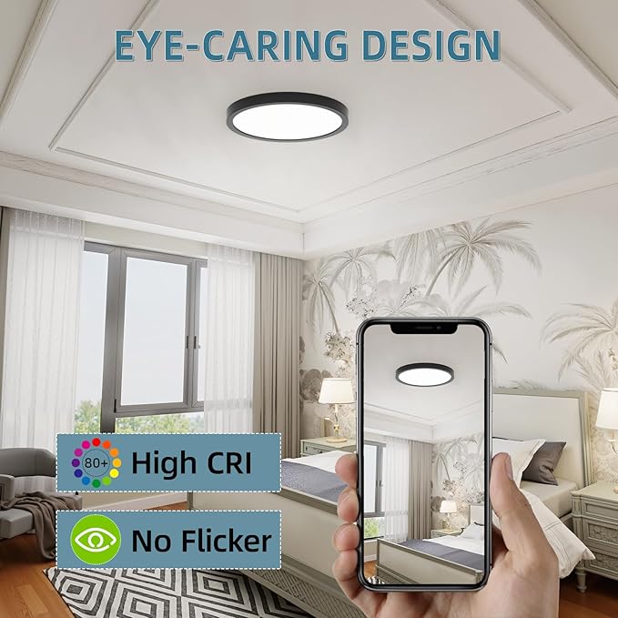 TOPELER Black Slim LED Surface Mount Ceiling Light, 9inch Dimmable Round Flat Panel Lights, 24W 2000Lm, 5CCT Selectable Low Profile Ceiling Light Fixtures for Hallway, Kitchen, Porch, 2 Pack