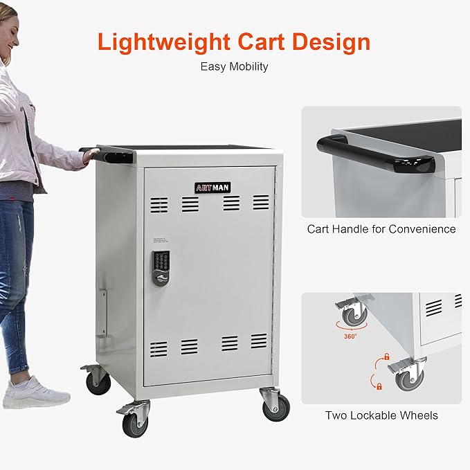 Aokleo Laptop Charging Cart,32 Devices Tablet Storage Carts for pad Up to 16.3" Screen, Classroom Computer Mobile Charging Station for Pads, Chromebooks,Laptops, Updated Password Lock(32 Bay-White)