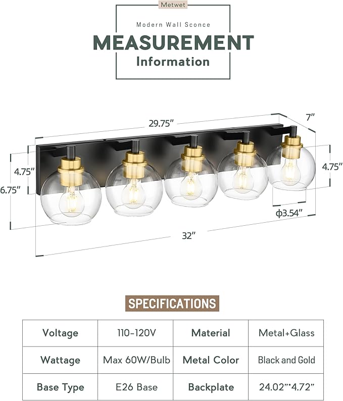 METWET Bathroom Light Fixtures, 5-Light Black and Gold Bathroom Vanity Light, 32 Inch Modern Wall Sconces with Globe Clear Glass Shade, Vanity Lighting Fixtures Over Mirror, VL195-KG-5