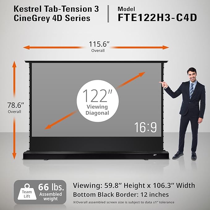 Elite Screens Kestrel Tab-Tension 3 CineGrey 4D, 122 inch 16:9, Standard Throw ISF Ceiling Ambient Light Rejecting (CLR/ALR) Electric Floor-Rising Projector Screen, Programmed Remote Kit, FTE122H3-C4D