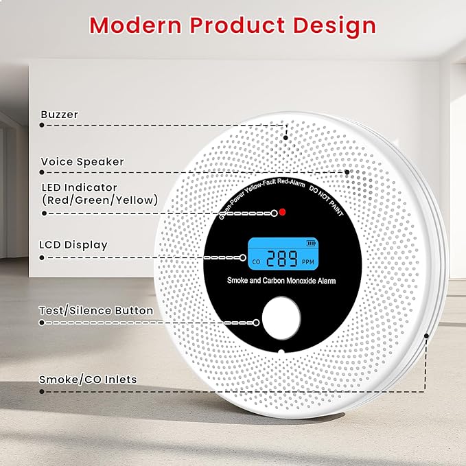 Alertlink 2-in-1 Smoke and Carbon Monoxide Detector Alarm, with Voice Alert,10-Year Battery Fire & CO Alarm with Large LCD Display, Easy Install with Adhesive or Screws