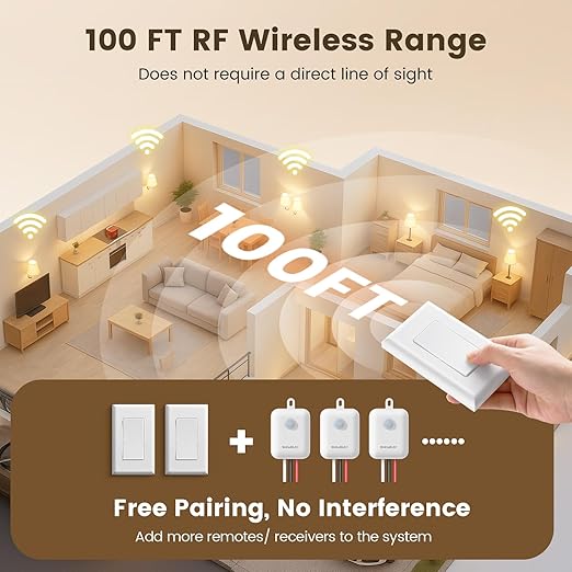 SURAIELEC 3 Way Wireless Light Switch and Receiver Kit, RF 100Ft, No WiFi, No Interference, Expandable 15AMP Remote Control Wall Switches for Ceiling Lighting, Lamp, Fan (Neutral Wire Required)